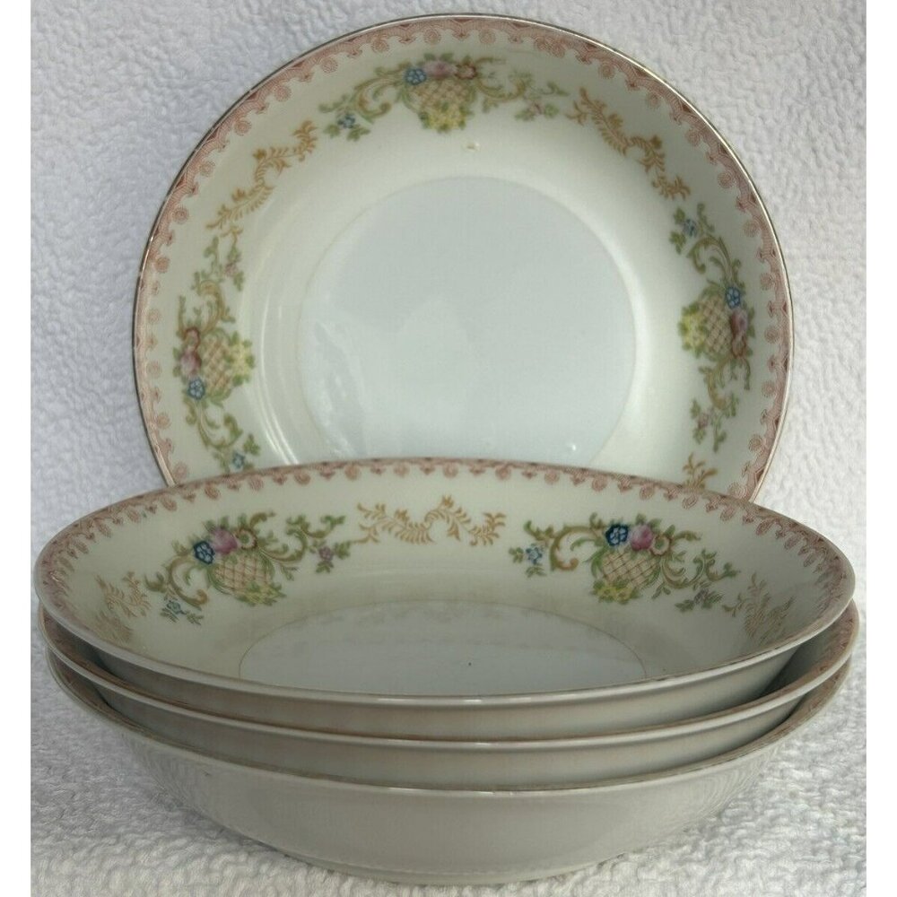 Vintage National China Set Of 4 Salad Bowls Basket Of Flowers Detailed Edge GUC